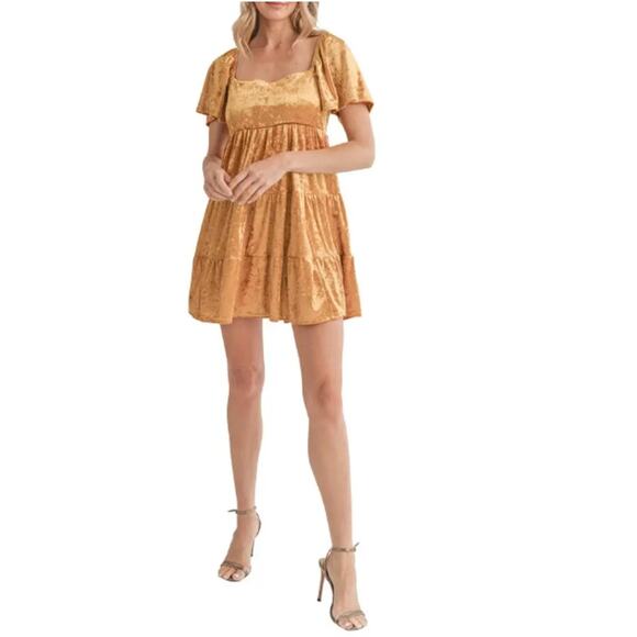 NWT ALL In FAVOR NORDSTROM Gold Flutter Sleeve Crushed Velvet Mini Dress Size XS - Picture 1 of 7